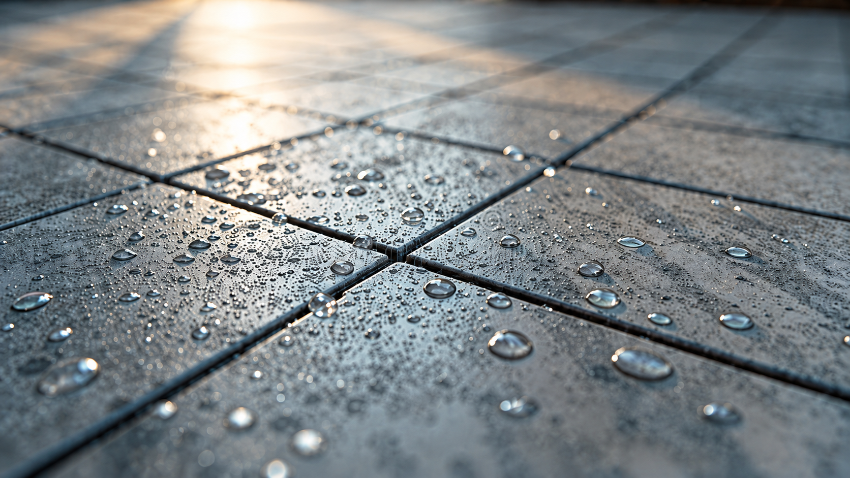 Waterdruppels op een grijze tegelvloer in warm zonlicht
